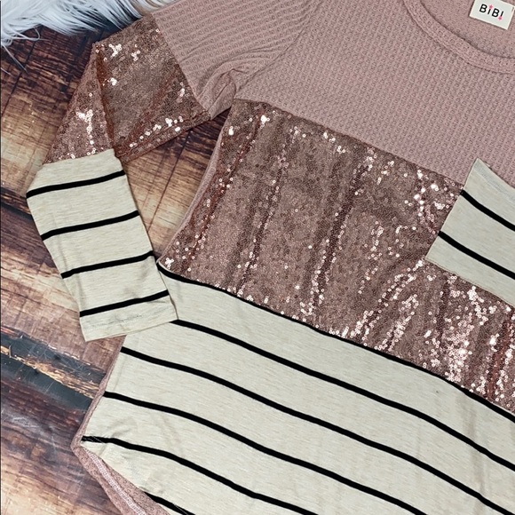 << Pink Sequin Sparkly Long Sleeve Striped Shirt > - Picture 2 of 5